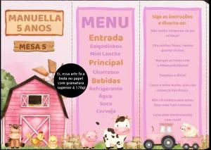 Menu de Mesa Fazendinha Rosa para Editar e Imprimir