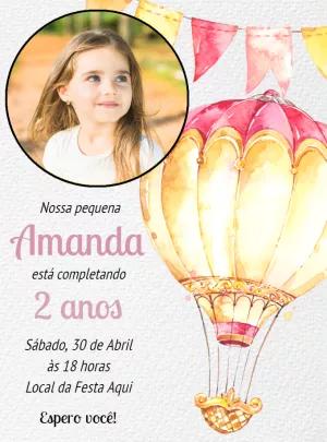 Convite de Aniversário Balão Aquarela com Foto para Editar