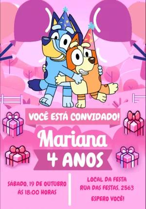 Convite de Aniversário Bluey e Bingo Rosa para Editar Online