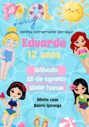 Convite Aniversário Pool Party Princesas para Editar Online