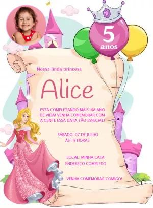 Convite Aniversário Princesa Aurora com Foto para Editar