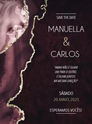Save The Date Casamento Mármore Roxo e Dourado para Editar