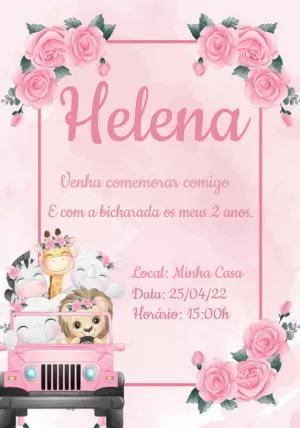 Convite Aniversário Safari Rosa com Animais para Editar Online