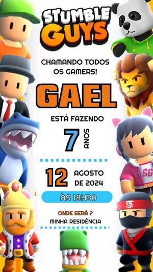 Convite de Aniversário Stumble Guys com Personagens para Editar