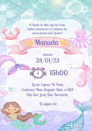 Convite Aniversário Sereia Aquarela para Editar Online