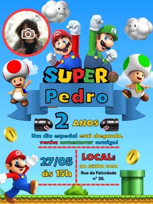 Convite de Aniversário Super Mario com Foto para Editar Online