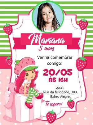 Convite Aniversário Moranguinho com Foto para Editar Online