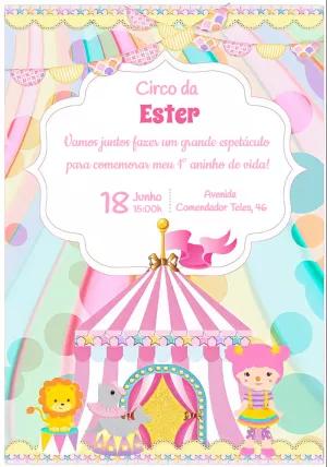 Convite Aniversário Circo Rosa para Editar Online