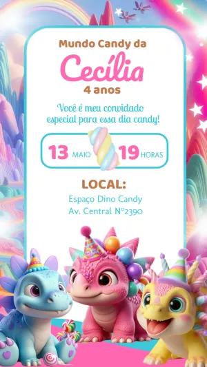 Convite Aniversário Dinossauro Candy para Editar Online