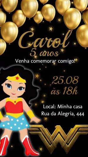 Convite de Aniversário Mulher Maravilha Dourado para Editar