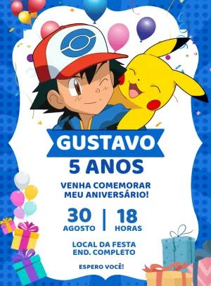 Convite de Aniversário Pokémon com Ash e Pikachu para Editar Online