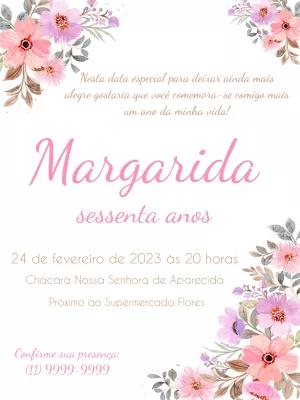 Convite Aniversário Adulto Floral Aquarela para Editar Online
