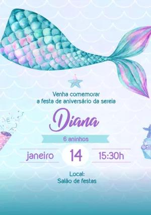 Convite Aniversário Sereia Aquarela para Editar Online