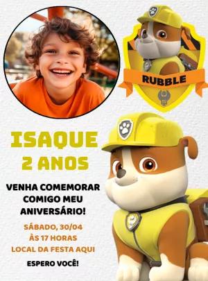 Convite Aniversário Patrulha Canina Rubble com Foto para Editar