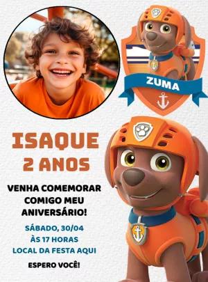 Convite Aniversário Patrulha Canina Zuma com Foto para Editar