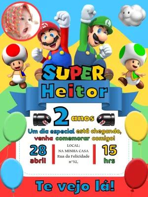 Convite de Aniversário Super Mario com Foto para Editar