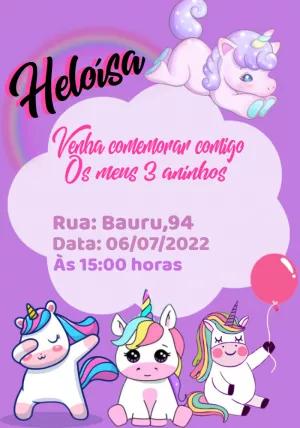 Convite de Aniversário Unicórnio Fofo para Editar Online