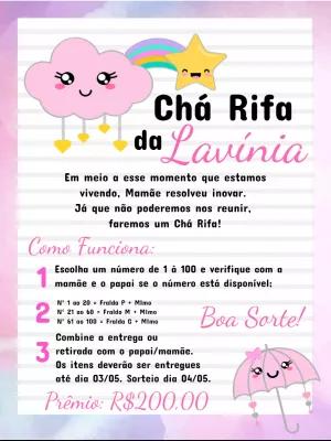 Convite Chá Rifa Chuva de Amor com Nuvem Fofa para Editar