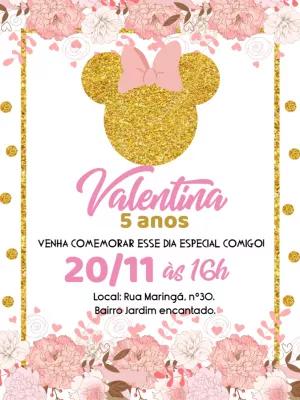 Convite Aniversário Minnie Rosa e Dourado Floral para Editar Online