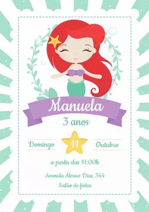 Convite de Aniversário Pequena Sereia Ariel para Editar Online