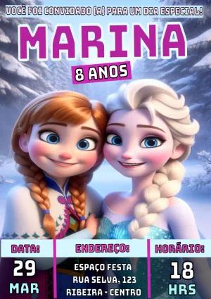 Convite de Aniversário Frozen com Anna e Elsa para Editar Online