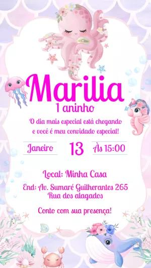 Convite Aniversário Fundo do Mar Rosa para Editar Online
