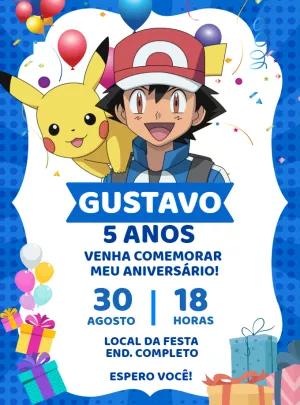 Convite de Aniversário Pokémon com Ash e Pikachu para Editar