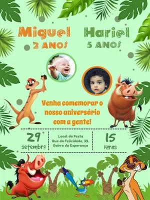 Convite Aniversário Duplo Timão e Pumba com Foto para Editar