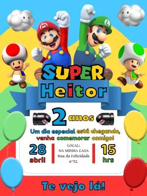 Convite Aniversário Super Mario Bros com Personagens para Editar