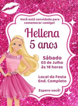 Convite Aniversário Barbie com Glitter Rosa para Editar Online