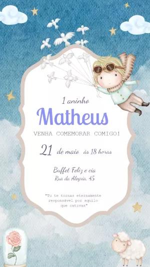 Convite de Aniversário Pequeno Príncipe Aquarela para Editar