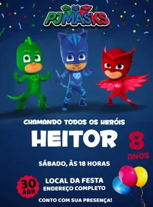 Convite de Aniversário PJ Masks com Heróis para Editar Online