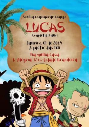 Convite Aniversário One Piece com Personagens para Editar Online
