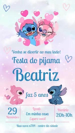 Convite Festa do Pijama Stitch e Angel para Editar