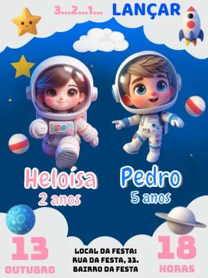 Convite Aniversário Duplo Astronautas para Editar Online