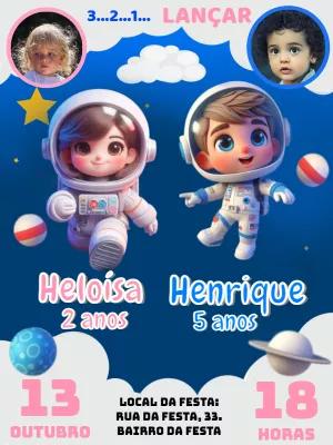 Convite Aniversário Duplo Astronautas com Foto para Editar