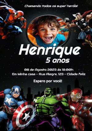 Convite Aniversário Vingadores com Foto para Editar Online