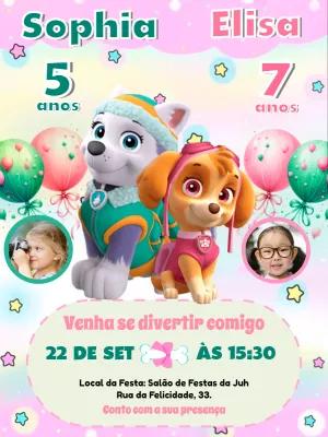 Convite Aniversário Duplo Skye e Everest com Foto para Editar