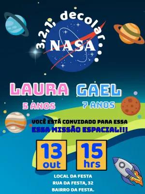 Convite Aniversário Duplo Espaço NASA para Editar Online