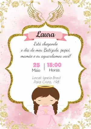 Convite de Batizado Anjinha Rosa e Dourado para Editar