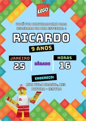 Convite de Aniversário Lego Editável Online para Imprimir