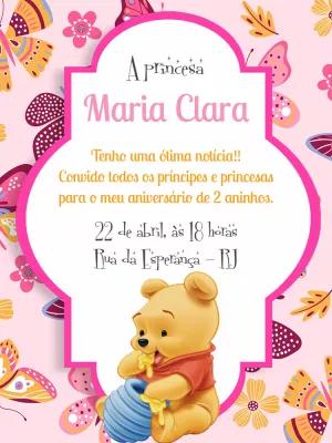 Convite Aniversário Ursinho Pooh Rosa para Editar Online