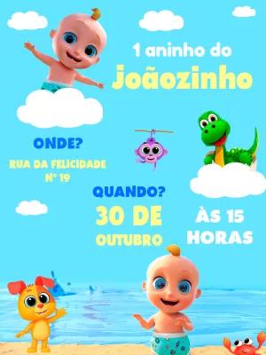 Convite de 1º Aninho com Personagens 3D para Editar Online