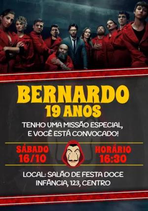 Convite Aniversário La Casa de Papel para Editar Online