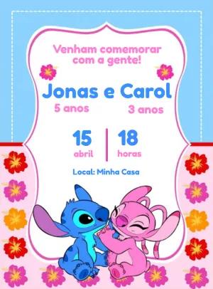 Convite Aniversário Stitch e Angel para Editar Online