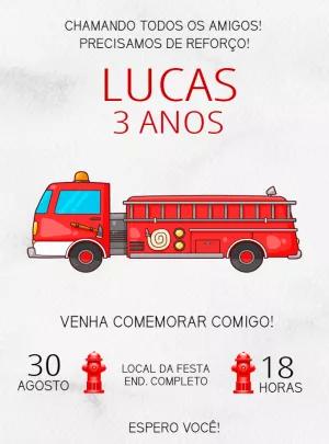 Convite de Aniversário Bombeiro com Caminhão para Editar Online