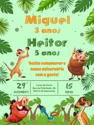 Convite Aniversário Duplo Timão e Pumba para Editar Online