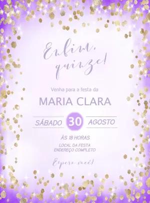 Convite de 15 Anos Lilás com Glitter Dourado para Editar Online