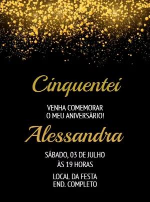 Convite Aniversário Glitter Dourado e Preto Editável Online