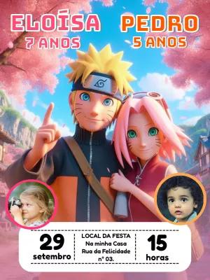 Convite Aniversário Duplo Naruto e Sakura com Foto para Editar